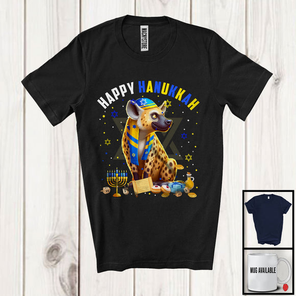 MacnyStore - Happy Hanukkah; Lovely Chanukah Hyena Wearing Kippah; Wild Animal Lover Menorah Family T-Shirt