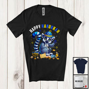 MacnyStore - Happy Hanukkah; Lovely Chanukah Lemur Wearing Kippah; Wild Animal Lover Menorah Family T-Shirt