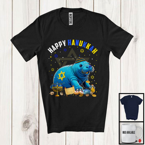 MacnyStore - Happy Hanukkah; Lovely Chanukah Manatee Wearing Kippah; Wild Animal Lover Menorah Family T-Shirt