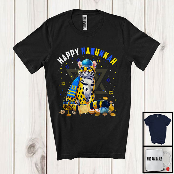 MacnyStore - Happy Hanukkah; Lovely Chanukah Ocelot Wearing Kippah; Wild Animal Lover Menorah Family T-Shirt