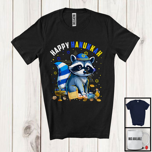 MacnyStore - Happy Hanukkah; Lovely Chanukah Raccoon Wearing Kippah; Wild Animal Lover Menorah Family T-Shirt