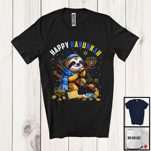 MacnyStore - Happy Hanukkah; Lovely Chanukah Sloth Wearing Kippah; Wild Animal Lover Menorah Family T-Shirt