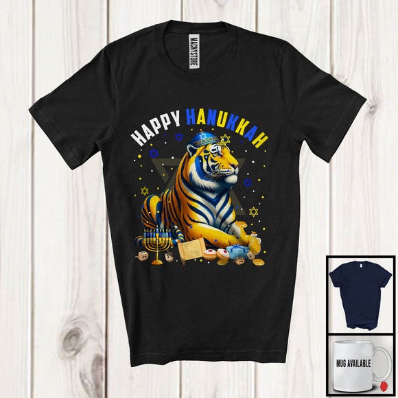 MacnyStore - Happy Hanukkah; Lovely Chanukah Tiger Wearing Kippah; Wild Animal Lover Menorah Family T-Shirt