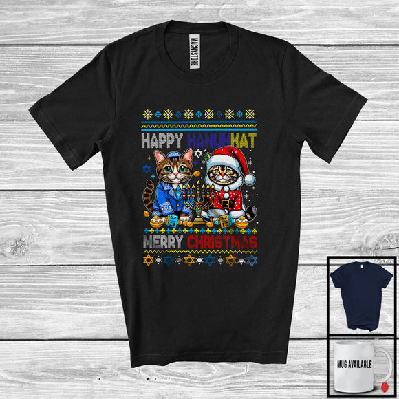 MacnyStore - Happy Hanukkat Merry Christmas; Lovely X-mas Sweater Chanukah Menorah Cat; Family Group T-Shirt