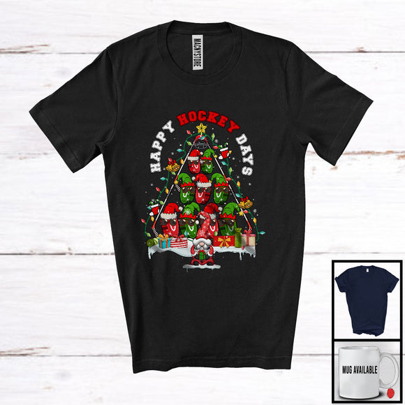 MacnyStore - Happy Hockey Days; Awesome Christmas Tree Hockey Equipment Player; Gnome Snowing T-Shirt