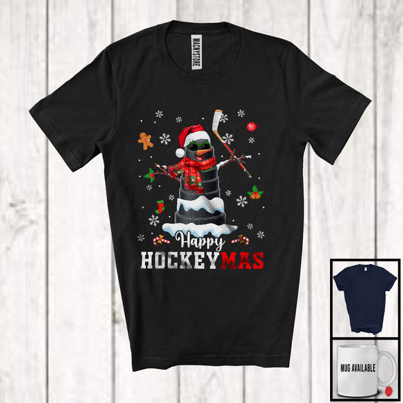 MacnyStore - Happy Hockeymas; Cheerful Christmas Lights Hockey Snowman Player Lover; Sport Team T-Shirt