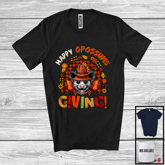 MacnyStore - Happy Opossumsgiving; Wonderful Thanksgiving Pilgrim Opossums Animal; Fall Plaid Rainbow T-Shirt