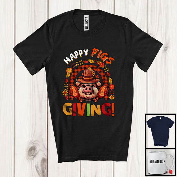 MacnyStore - Happy Pigsgiving; Fantastic Thanksgiving Plaid Rainbow Pig; Fall Leaves Farm Farmer Family T-Shirt