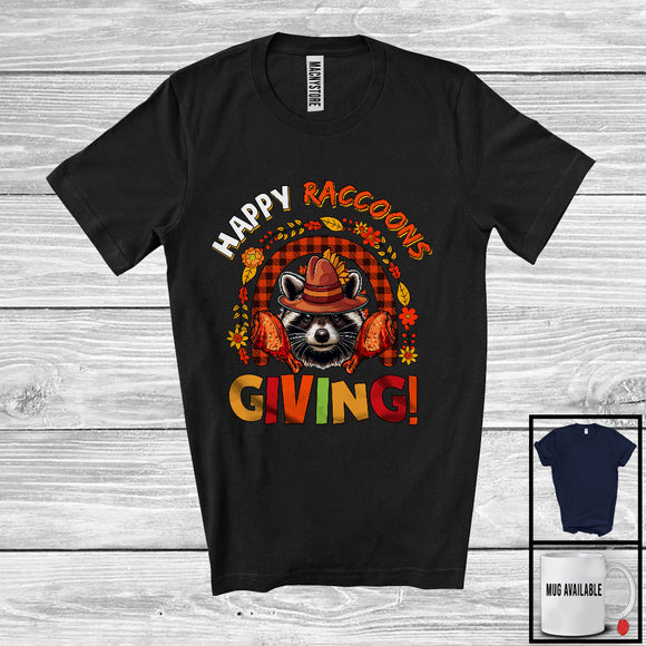 MacnyStore - Happy Raccoonsgiving; Wonderful Thanksgiving Pilgrim Raccoon Animal; Fall Plaid Rainbow T-Shirt