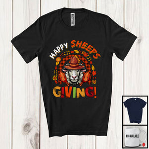 MacnyStore - Happy Sheepsgiving; Fantastic Thanksgiving Plaid Rainbow Sheep; Fall Leaves Farm Farmer Family T-Shirt