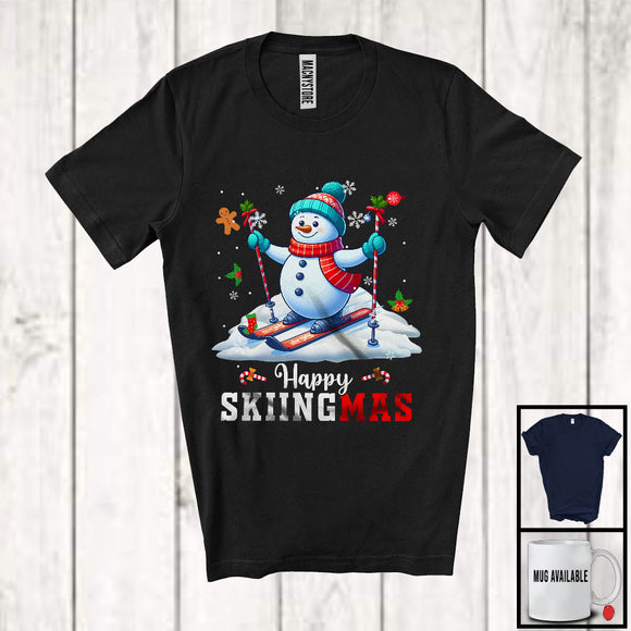 MacnyStore - Happy Skiingmas; Cheerful Christmas Lights Skiing Snowman Player Lover; Sport Team T-Shirt