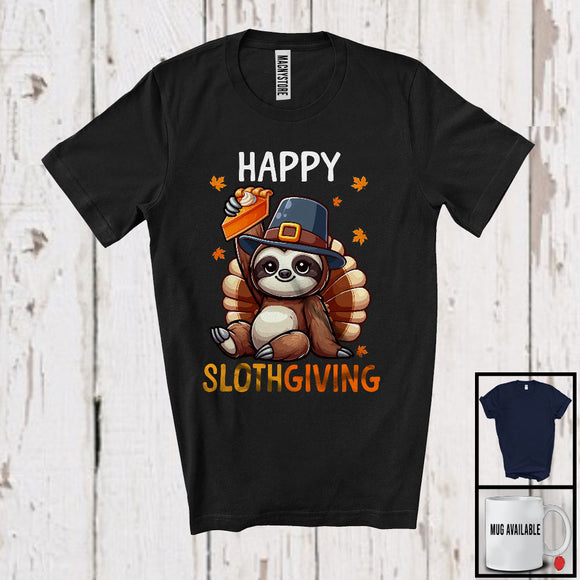 MacnyStore - Happy Slothgiving; Humorous Thanksgiving Turkey Eating Pumpkin Pie; Animal Lover Family T-Shirt