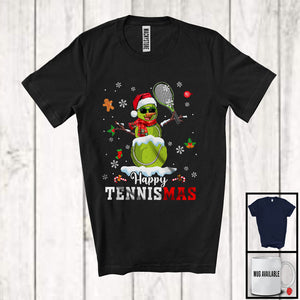 MacnyStore - Happy Tennismas; Cheerful Christmas Lights Tennis Snowman Player Lover; Sport Team T-Shirt