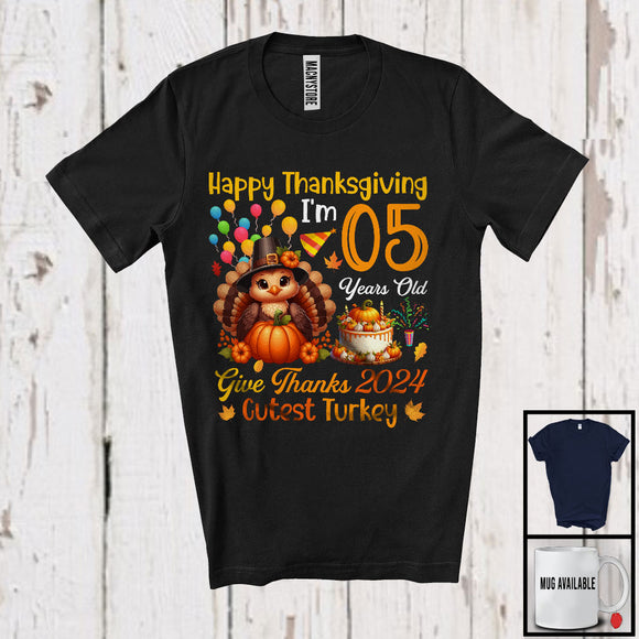 MacnyStore - Happy Thanksgiving I'm 5 Years Old Cutest Turkey 2024, Joyful 5th Birthday Turkey Pumpkin T-Shirt