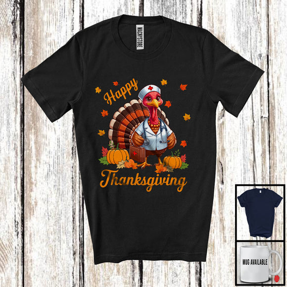 MacnyStore - Happy Thanksgiving; Adorable Autumn Fall Leaves Turkey Nurse Nursing Lover; Family Group T-Shirt