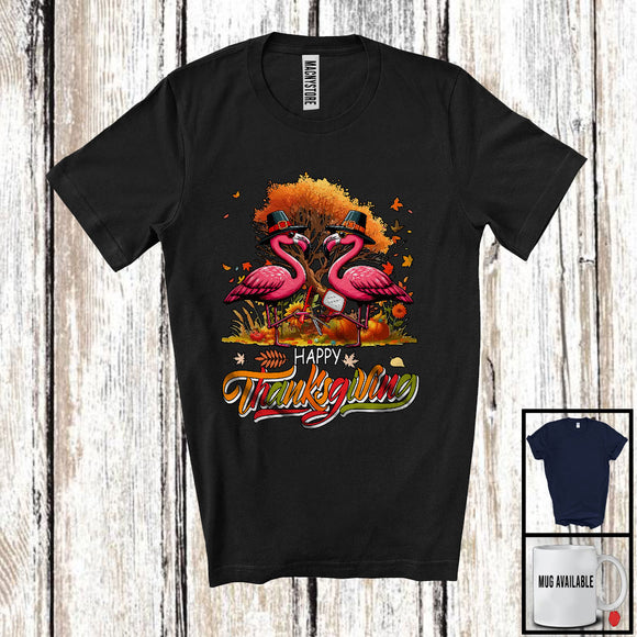 MacnyStore - Happy Thanksgiving; Adorable Fall Tree Two Pilgrim Flamingos Barber; Jobs Family Group T-Shirt