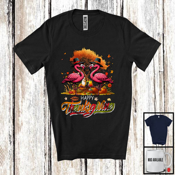 MacnyStore - Happy Thanksgiving; Adorable Fall Tree Two Pilgrim Flamingos Bartender; Jobs Family Group T-Shirt