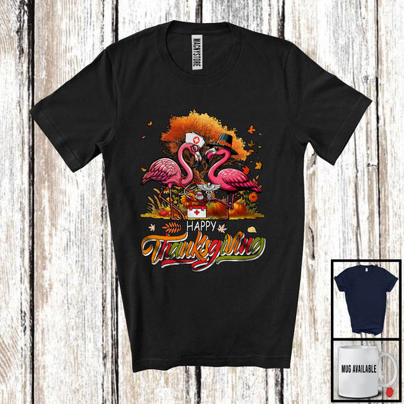 MacnyStore - Happy Thanksgiving; Adorable Fall Tree Two Pilgrim Flamingos Nurse; Jobs Family Group T-Shirt