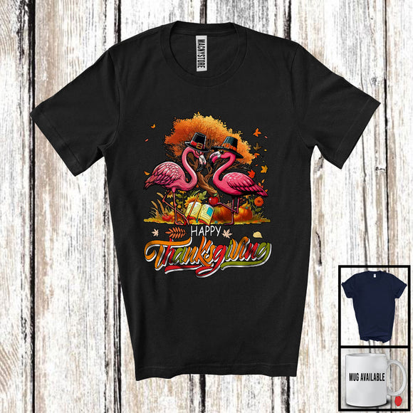 MacnyStore - Happy Thanksgiving; Adorable Fall Tree Two Pilgrim Flamingos Teacher; Jobs Family Group T-Shirt