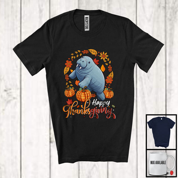 MacnyStore - Happy Thanksgiving; Lovely Autumn Fall Leaves Circle Manatee Pumpkin; Wild Animal Lover T-Shirt