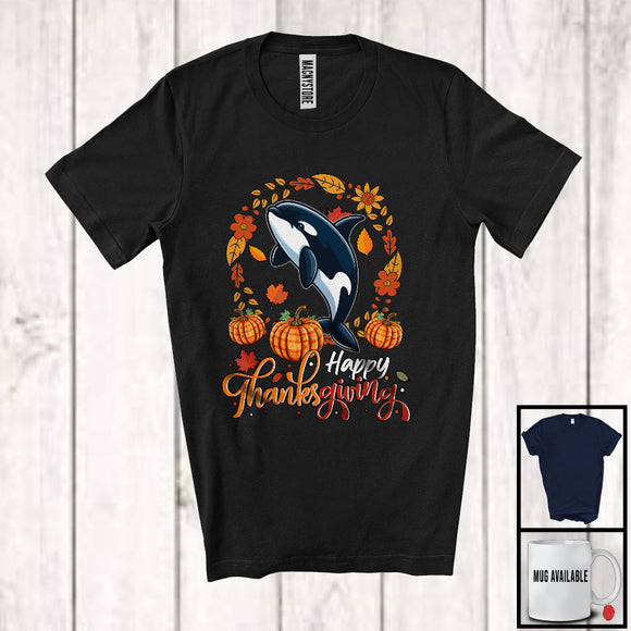 MacnyStore - Happy Thanksgiving; Lovely Autumn Fall Leaves Circle Orca Pumpkin; Sea Animal Lover T-Shirt