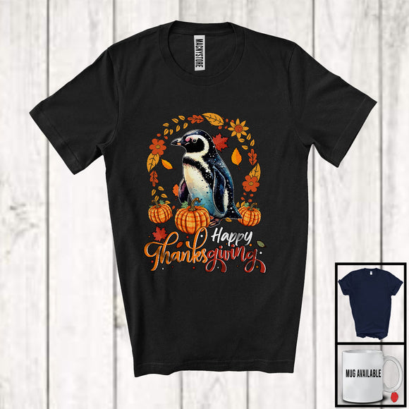 MacnyStore - Happy Thanksgiving; Lovely Autumn Fall Leaves Circle Penguin Pumpkin; Sea Animal Lover T-Shirt