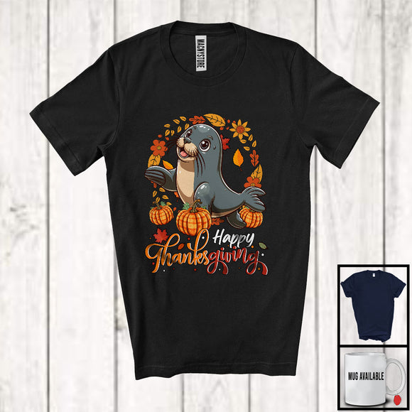 MacnyStore - Happy Thanksgiving; Lovely Autumn Fall Leaves Circle Sea Lion Pumpkin; Sea Animal Lover T-Shirt