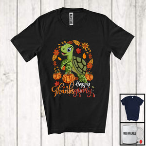 MacnyStore - Happy Thanksgiving; Lovely Autumn Fall Leaves Circle Turtle Pumpkin; Sea Animal Lover T-Shirt