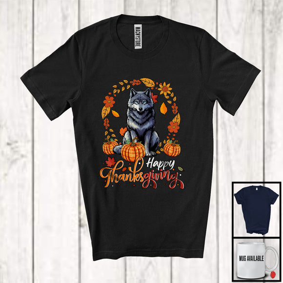 MacnyStore - Happy Thanksgiving; Lovely Autumn Fall Leaves Circle Wolf Pumpkin; Wild Animal Lover T-Shirt