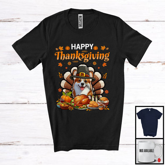 MacnyStore - Happy Thanksgiving, Lovely Pilgrim Corgi Turkey With Roasted Turkey Wine, Dinner Family T-Shirt
