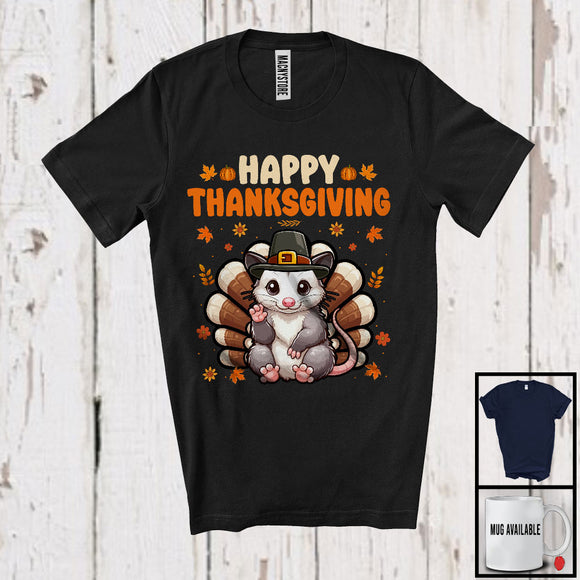 MacnyStore - Happy Thanksgiving, Lovely Pilgrim Turkey Opossum Matching Wild Animal Lover, Fall Leaves T-Shirt