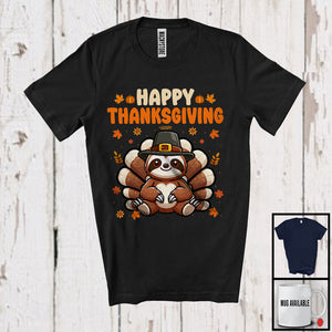 MacnyStore - Happy Thanksgiving, Lovely Pilgrim Turkey Sloth Matching Wild Animal Lover, Fall Leaves T-Shirt