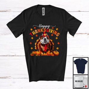 MacnyStore - Happy Thanksgiving; Lovely Turkey Cosplay Bulldog Owner Lover; Autumn Fall Leaves T-Shirt