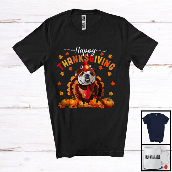 MacnyStore - Happy Thanksgiving; Lovely Turkey Cosplay Bulldog Owner Lover; Autumn Fall Leaves T-Shirt