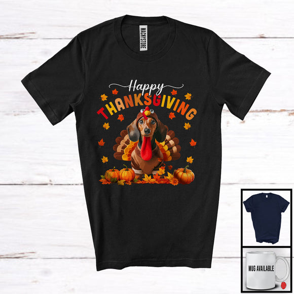 MacnyStore - Happy Thanksgiving; Lovely Turkey Cosplay Dachshund Owner Lover; Autumn Fall Leaves T-Shirt