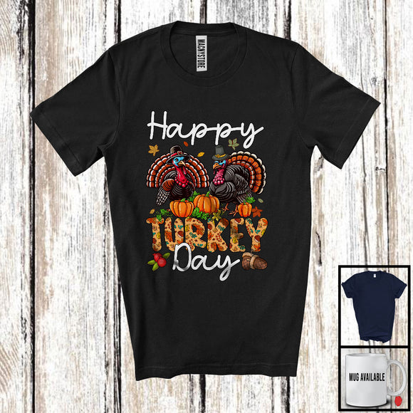 MacnyStore - Happy Turkey Day, Lovely Thanksgiving Couple Turkeys Pumpkin, Fall Leaves Family Group T-Shirt