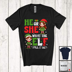 MacnyStore - He Or She What's The Elf Will It Be; Lovely Christmas Gender Reveal Pregnancy; Elf Family Snowing T-Shirt