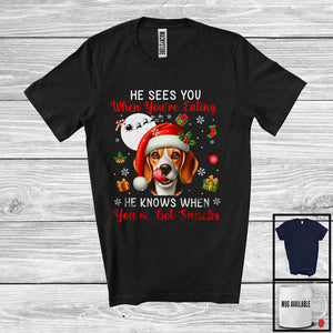 MacnyStore - He Sees You When You're Eating; Humorous Christmas Santa Beagle; X-mas Moon Snow T-Shirt