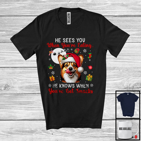 MacnyStore - He Sees You When You're Eating; Humorous Christmas Santa Corgi; X-mas Moon Snow T-Shirt