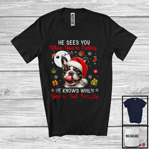 MacnyStore - He Sees You When You're Eating; Humorous Christmas Santa French Bulldog; X-mas Moon Snow T-Shirt