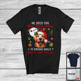 MacnyStore - He Sees You When You're Eating; Humorous Christmas Santa Golden Retriever; X-mas Moon Snow T-Shirt