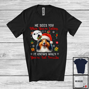 MacnyStore - He Sees You When You're Eating; Humorous Christmas Santa Shetland Sheepdog; Moon Snow T-Shirt