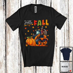 MacnyStore - Hello Fall Orange; Adorable Thanksgiving Turkey Driving Bulldozer DriverAutumn Fall Leaves T-Shirt