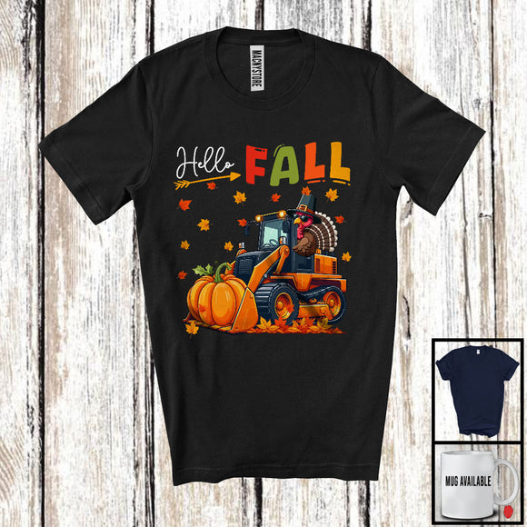 MacnyStore - Hello Fall Orange; Adorable Thanksgiving Turkey Driving Bulldozer DriverAutumn Fall Leaves T-Shirt