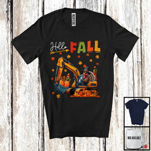 MacnyStore - Hello Fall Orange; Adorable Thanksgiving Turkey Driving Excavator DriverAutumn Fall Leaves T-Shirt