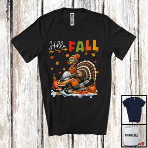 MacnyStore - Hello Fall Orange; Adorable Thanksgiving Turkey Driving Snowmmobile DriverAutumn Fall Leaves T-Shirt