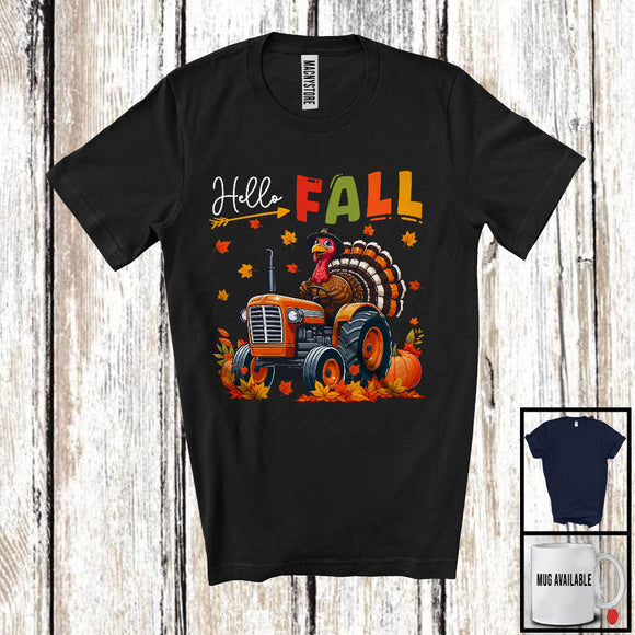 MacnyStore - Hello Fall Orange; Adorable Thanksgiving Turkey Driving Tractor FarmerAutumn Fall Leaves T-Shirt