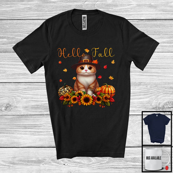 MacnyStore - Hello Fall; Adorable Thanksgiving Cat With Plaid Leopard Pumpkin Sunflowers; Family Group T-Shirt