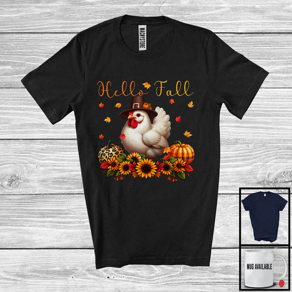 MacnyStore - Hello Fall; Adorable Thanksgiving Chicken With Plaid Leopard Pumpkin Sunflowers; Farm Farmer T-Shirt