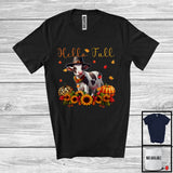 MacnyStore - Hello Fall; Adorable Thanksgiving Cow With Plaid Leopard Pumpkin Sunflowers; Farm Farmer T-Shirt